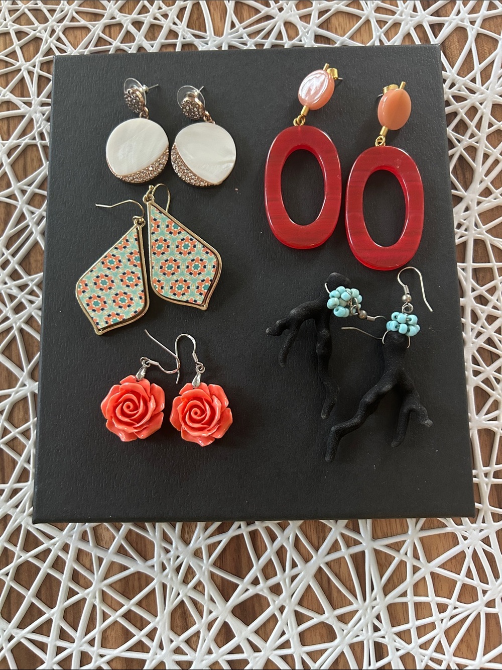 Handcrafted assortment of earrings
5 pairs for pieced ears.